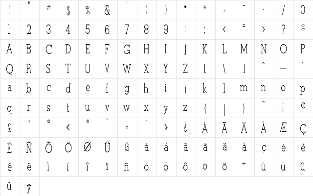 Tulane-Light Regular  glyph index