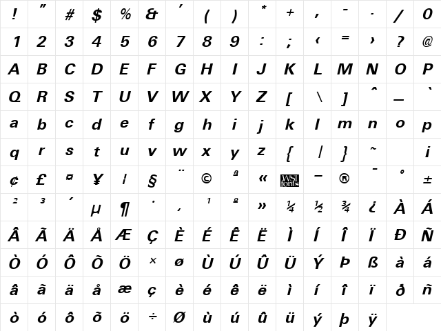 Universal Bold Italic  glyph index