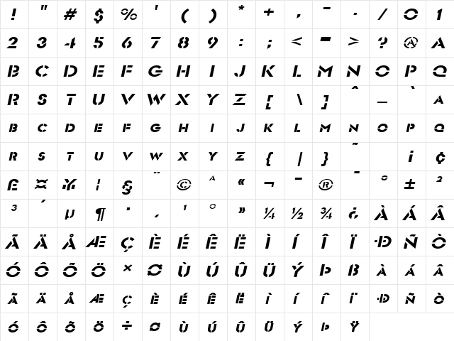 Templett Wide Italic  glyph index