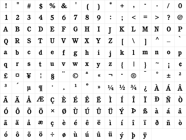 ITC Cushing Bold  glyph index