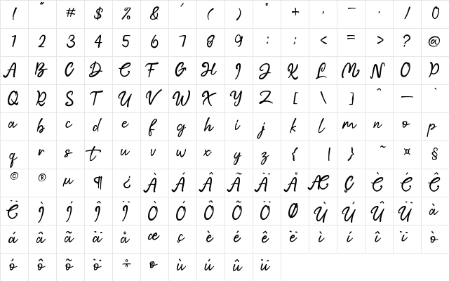 Lightheart Regular  glyph index
