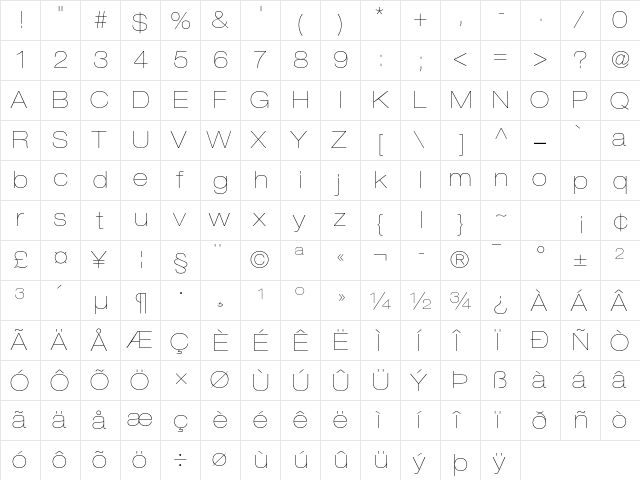 Helvetica Neue LT Std 23 Ultra Light Extended  glyph index