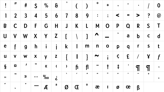 DundeeBoldCond Regular  glyph index