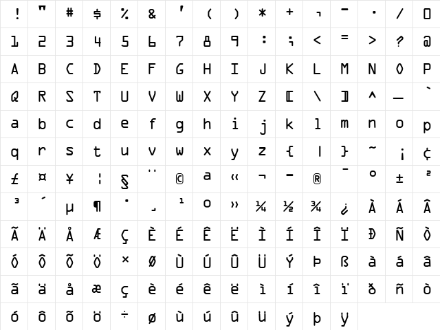 OCRAExtended Regular  glyph index