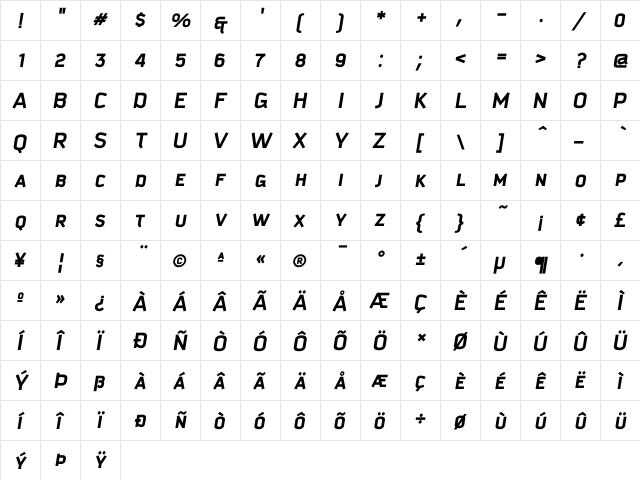 Kautiva Caps Bold Italic  glyph index