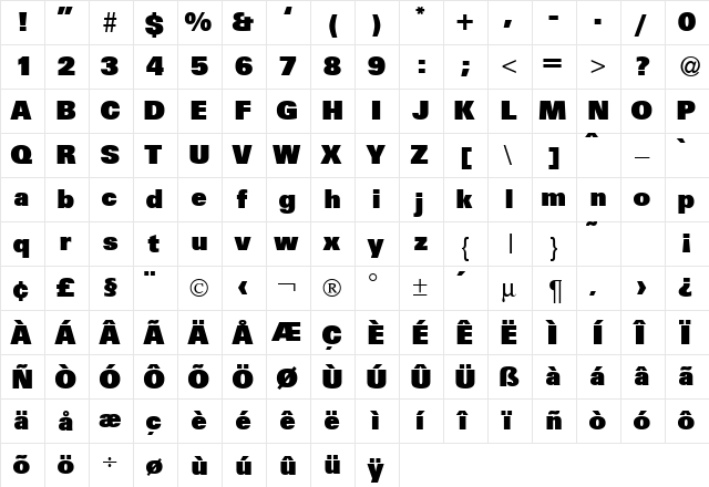 UniversalHvyDB Normal  glyph index