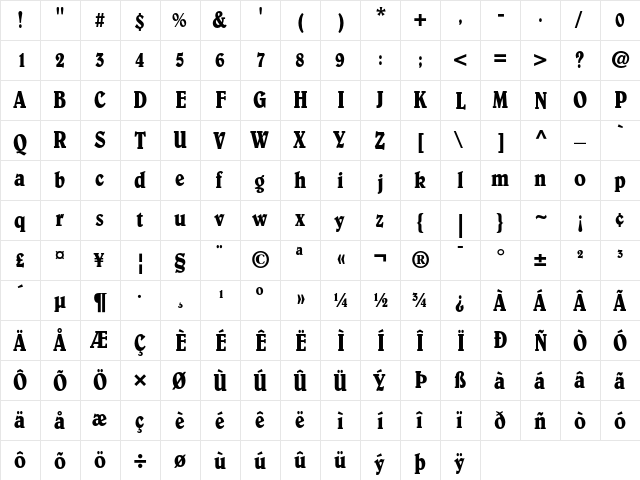 Belwe Condensed  glyph index