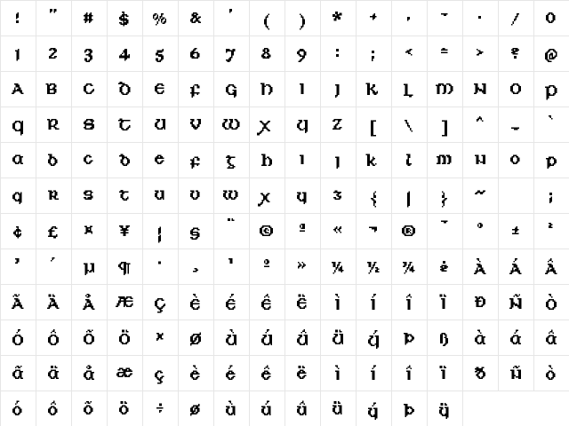 Scriptorium Medium  glyph index