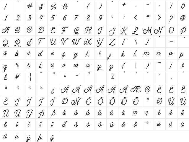 Mountecarlo Regular  glyph index