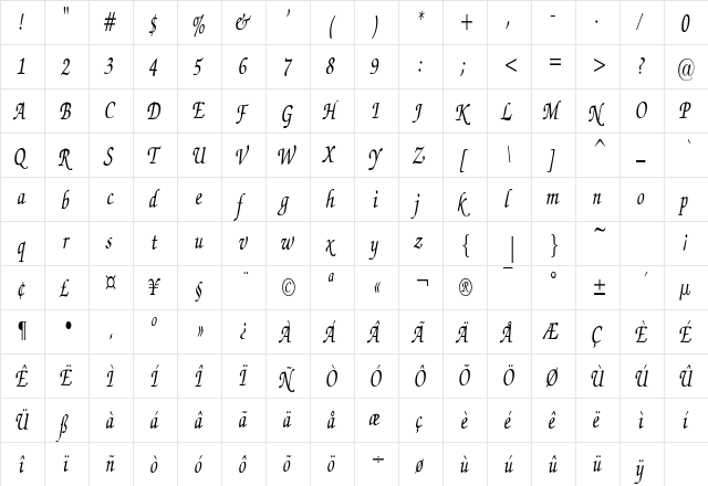 ExchequerScriptCondensed Regular  glyph index