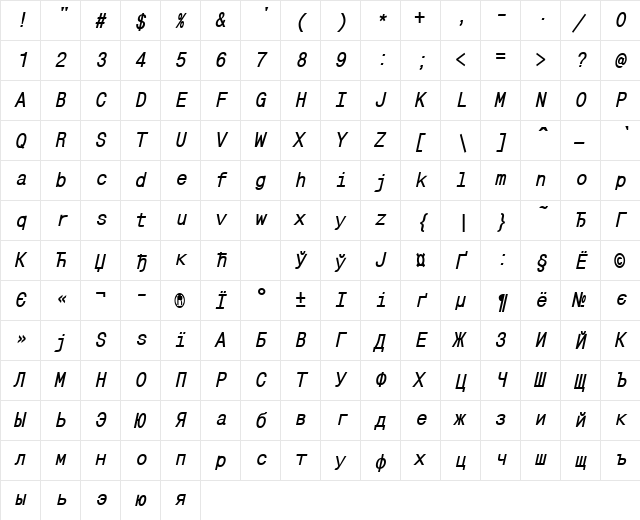 MonoCondensedCTT BoldItalic  glyph index