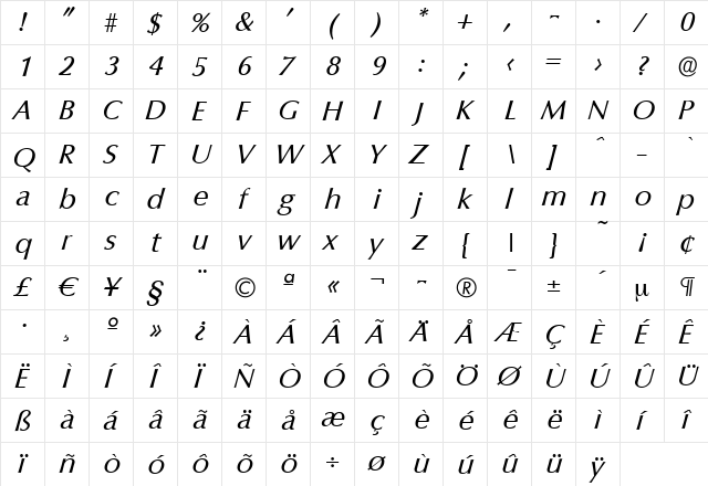 EricBecker Italic  glyph index