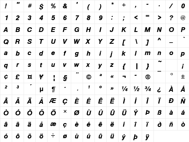 NimbusSanT Bold Italic  glyph index