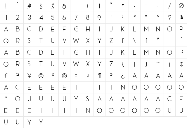 Ace Sans Demo  glyph index