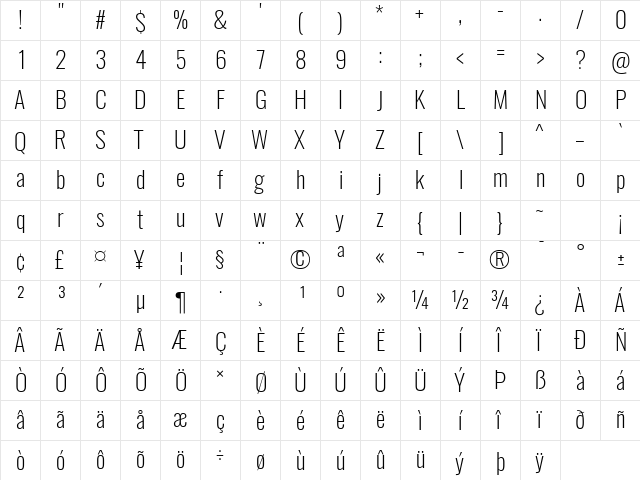 Oswald ExtraLight  glyph index
