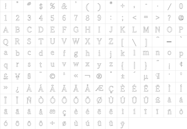 Cheltenham Outline  glyph index