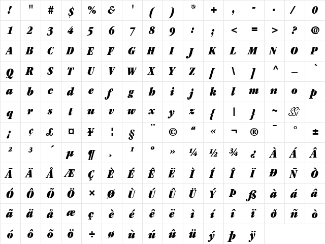 Garamond Black Condensed SSi Black Condensed Italic  glyph index