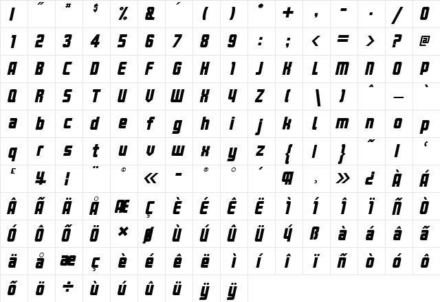 Kanal Italic  glyph index