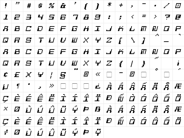 Pixel Calculon Italic  glyph index
