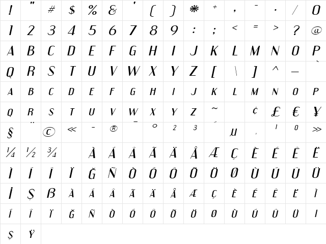 TrSah Engebrechtre Expanded Italic  glyph index