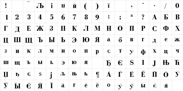 BodoniCyrillic Bold  glyph index