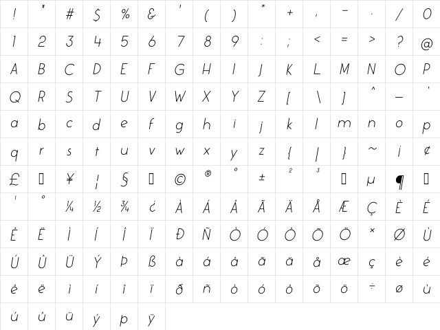 Colombia Regular-Italic  glyph index