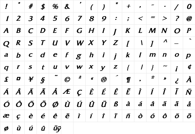 BigBear Bold Italic Bold Italic  glyph index