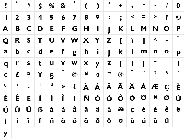 Chantilly Bold  glyph index