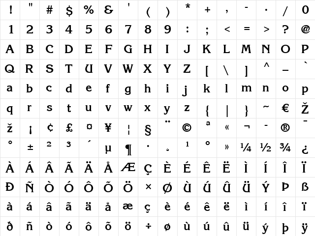 Korinna LT Bold  glyph index