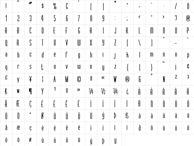 VertigoPlusFLF Bold  glyph index