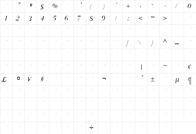 JardineLightItalicTab Regular  glyph index