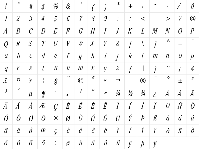ITCCheltenham LT LightCond Italic  glyph index