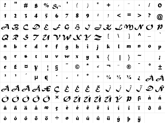 Matura MT Script Capitals2 Regular  glyph index