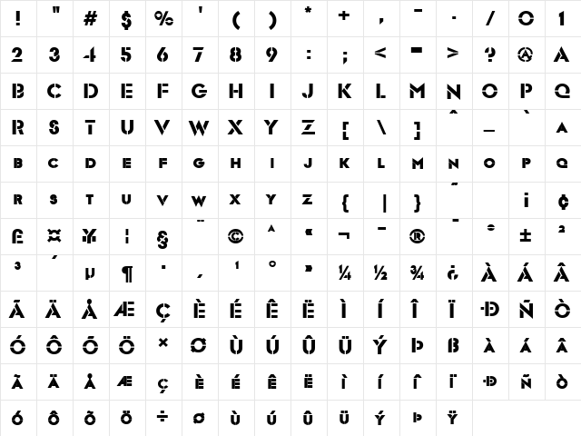 Templett Bold  glyph index