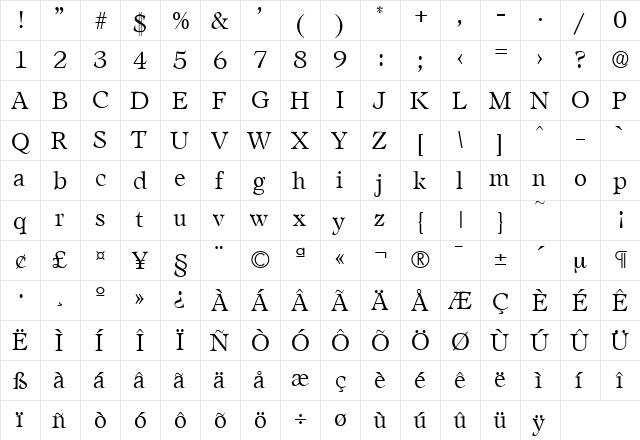 Leamington-Serial-Light Regular  glyph index