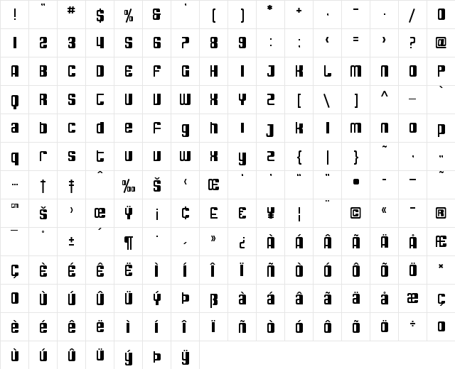 SF DecoTechno Regular  glyph index