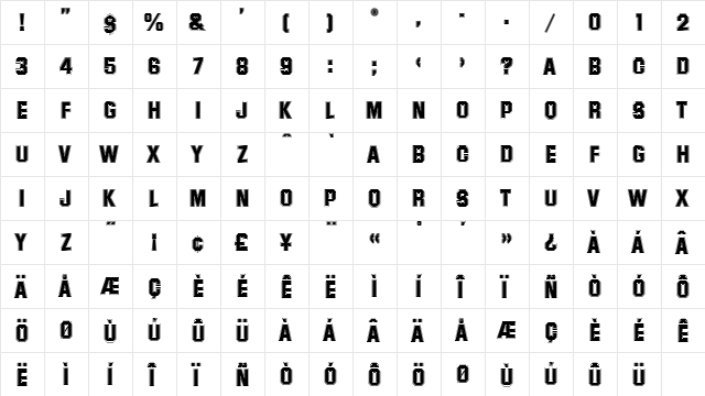 Superstar Regular  glyph index