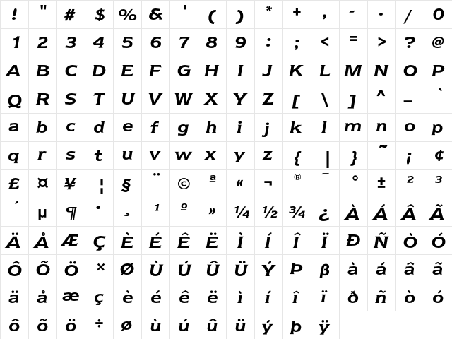 NewtextEF DemiItalic  glyph index