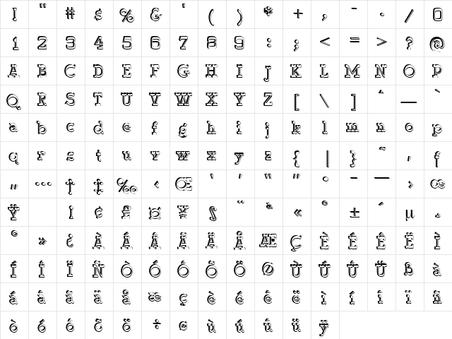 Hillbilly Regular  glyph index