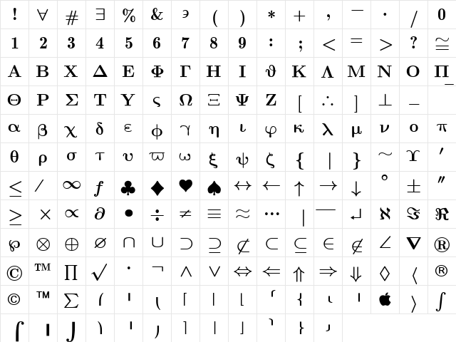 Euclid Symbol Bold  glyph index