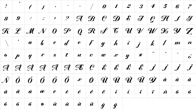 Mademoiselle Regular  glyph index