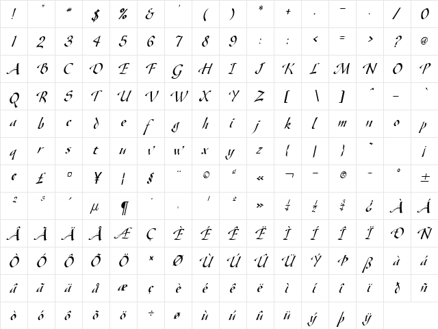 Gaze Condensed Italic  glyph index