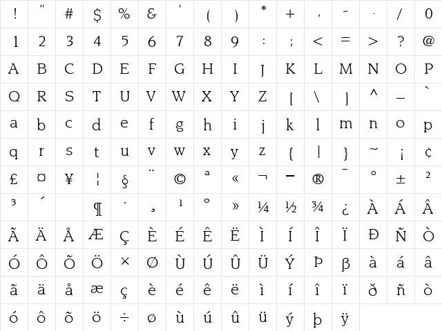 Novarese Book  glyph index