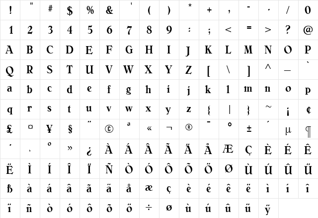 BelliniMediumCondensed Regular  glyph index
