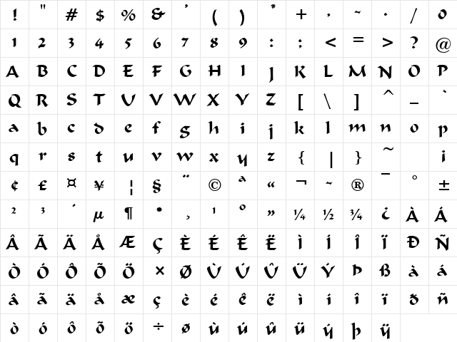 Sunflower 5 Regular  glyph index