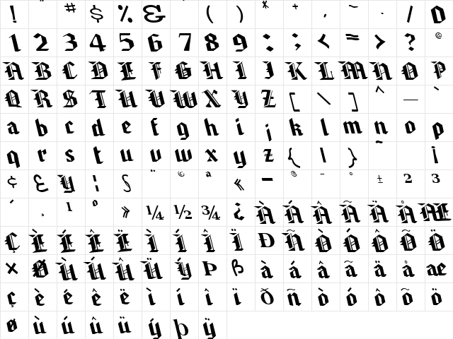Brawny Regular  glyph index