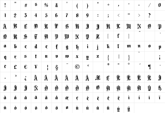 Middle Saxony Text Regular  glyph index