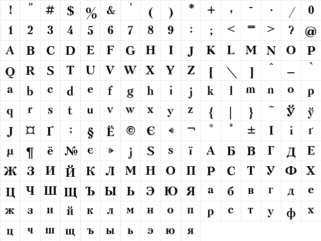 Peterburg Bold  glyph index
