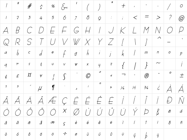 Bernie-Condensed Bold Italic  glyph index