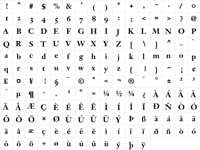 Janson Text 75 Bold Oldstyle Figures  glyph index